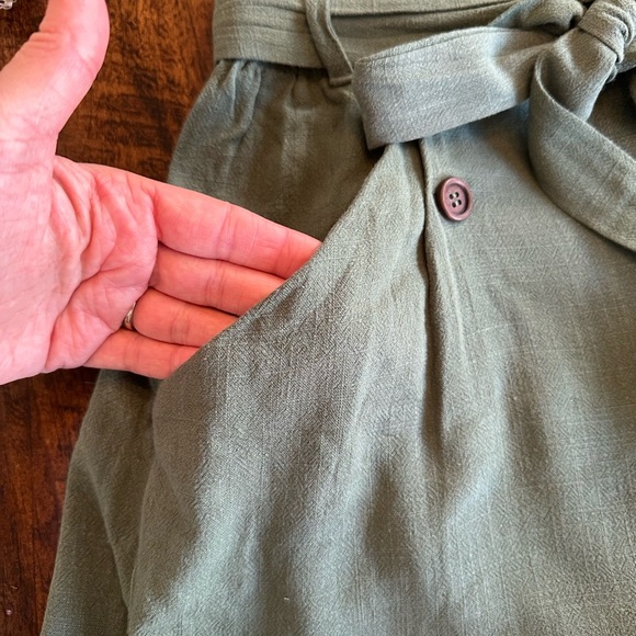 Mustard Seed | Sage Green Paper Bag Waist Faux Wrap Skort with Tie Belt - Picture 3 of 8